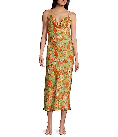 Evolutionary Sleeveless Tropical Floral Printed Slip Midi Dress