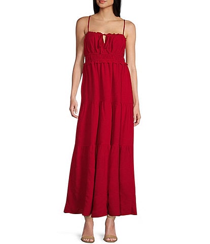 Evolutionary Spaghetti Strap Checker Front Tie Ruffle Maxi Dress