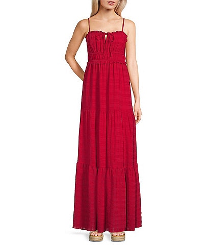 Evolutionary Spaghetti Strap Tie Front Tiered Maxi Dress