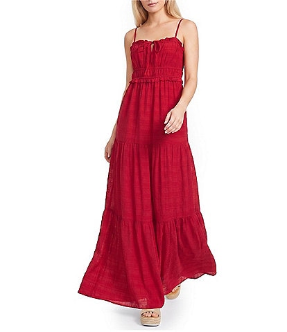 Evolutionary Spaghetti Strap Tie Front Tiered Maxi Dress