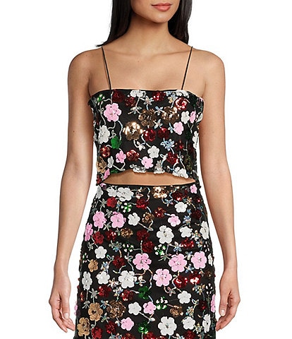 Evolutionary Square Neckline Sleeveless Floral Sequin Mesh Coordinating Crop Top