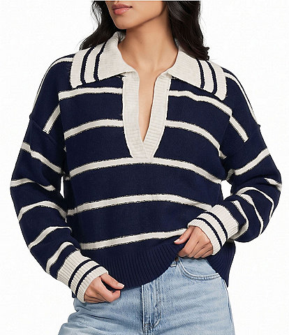 Evolutionary Striped Collard V-Neck Long Sleeve Sweater