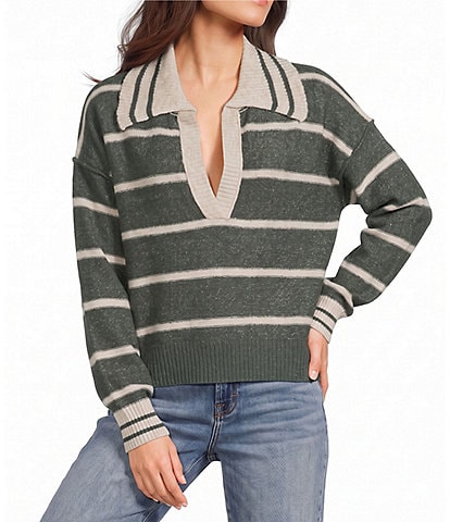 Evolutionary Striped V-Neck Collard Sweater