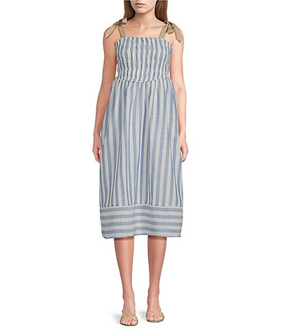 Evolutionary Stripped Tie Shoulder Smocked Dress