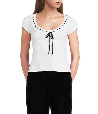 Evolutionary Sweater Knit Scoop Neck Cap Sleeve Tie Front Top