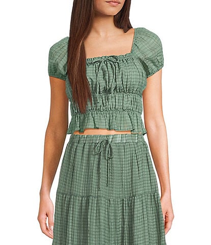 Evolutionary Textured Plaid Short Puff Sleeve Coordinating Top