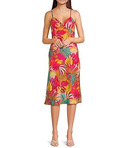 Evolutionary Tropical Printed V-Neck Side Slit Slip Dress
