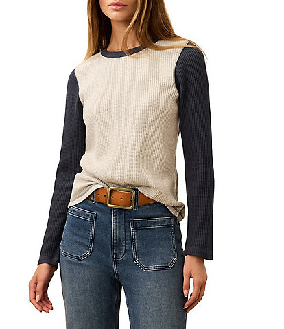 Faherty Apres Colorblock Knit Waffle Crew Neck Long Sleeve Varsity Top