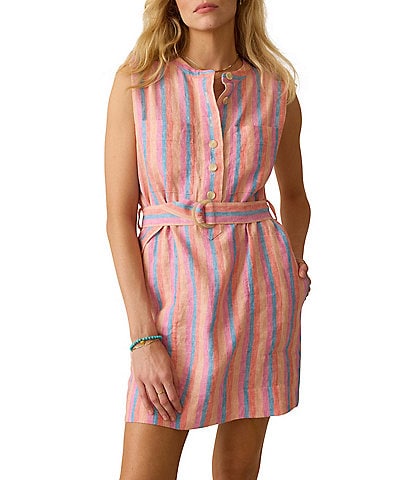Faherty Avalon Linen Woven Stripped Mandarin Collar Sleeveless Belted A-Line Dress