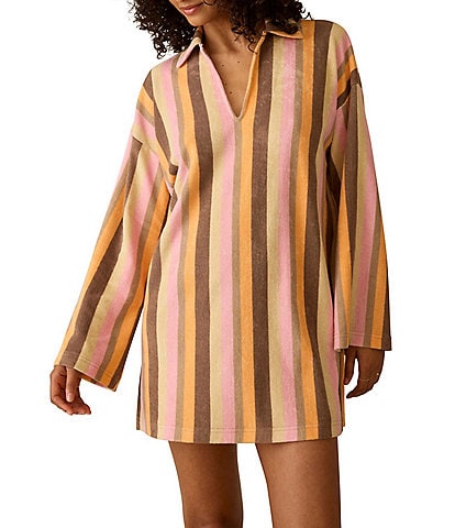 Faherty Cabana Organic Cotton Terry Stripped Collared Long Sleeve Mini Shirt Dress
