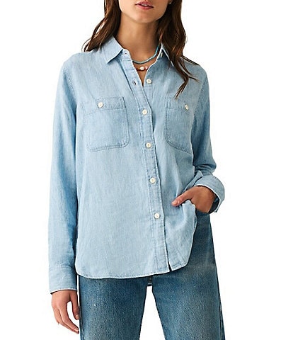 Faherty Chambray Woven Spread Collar Long Sleeve Button Front Shirt