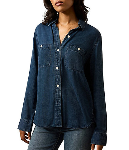 Faherty Chambray Woven Spread Collar Long Sleeve Button Front Shirt