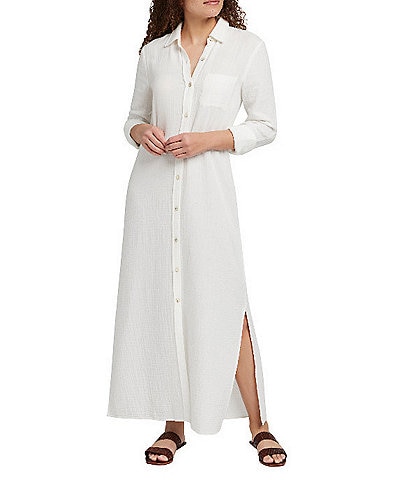 Faherty Dune Gauze Point Collar Long Sleeve Maxi Shirt Dress