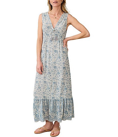 Faherty Eden Woven Floral Print V-Neck Sleeveless A-Line Maxi Dress