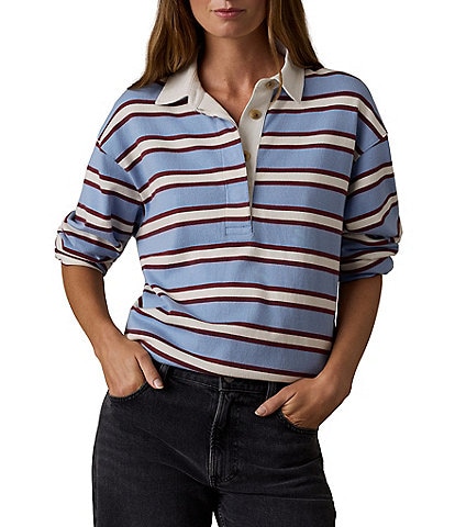 Faherty Hometown Rugby Knit Striped Organic Cotton V-Neck Long Sleeve Pullover Sweater