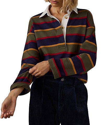 Faherty Hometown Rugby Knit Striped Organic Cotton V-Neck Long Sleeve Pullover Sweater