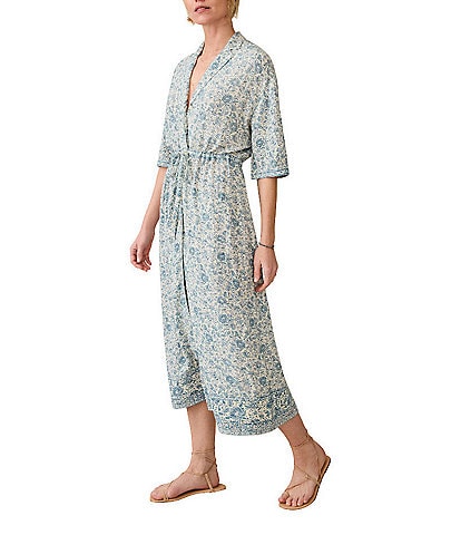 Faherty Island Woven Floral Print V-Neck Camp Collar Short Sleeve A-Line Midi Dress