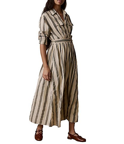 Faherty Julia Linen Blend Striped Spread Collar Long Sleeve Button Front Dress