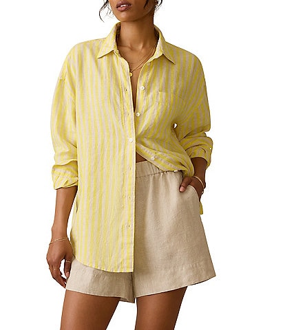 Faherty Laguna Linen Stripped Button Down Collar Long Sleeve Shirt