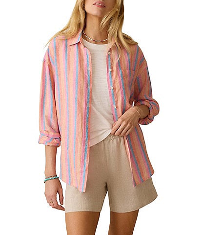Faherty Laguna Linen Stripped Button Down Collar Long Sleeve Shirt