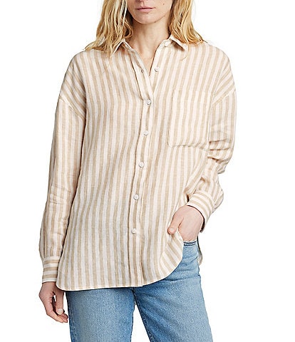 Faherty Laguna Striped Linen Point Collar Long Sleeve Button Front Relaxed Fit Shirt