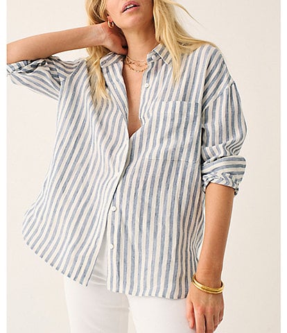 Faherty Laguna Striped Linen Point Collar Long Sleeve Button Front Relaxed Fit Shirt