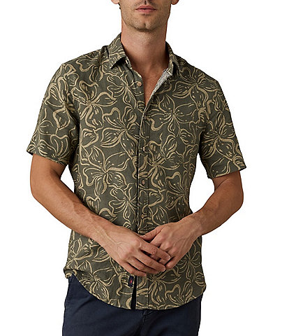 Faherty Linen Blend Floral Breeze Printed Short Sleeve Button Front Woven Shirt