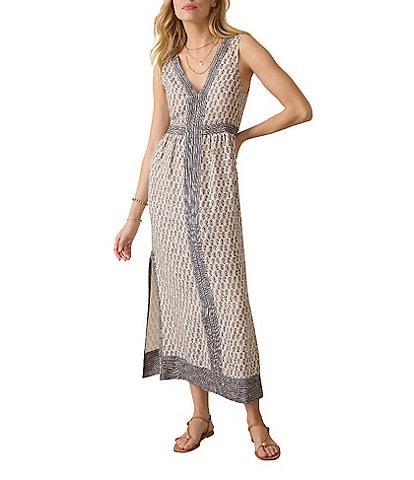 Faherty Macey Knit Linen Printed V-Neck Sleeveless A-Line Maxi Dress