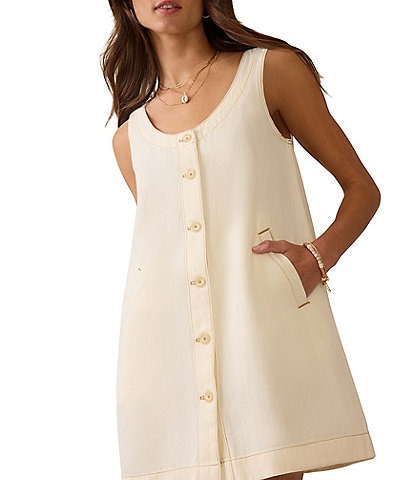 Faherty Malibu Woven Organic Cotton Linen Blend V-Neck Sleeveless A-Line Mini Dress