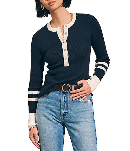Faherty Mikki Color Block Henley Ribbed Knit Cashmere Blend Top