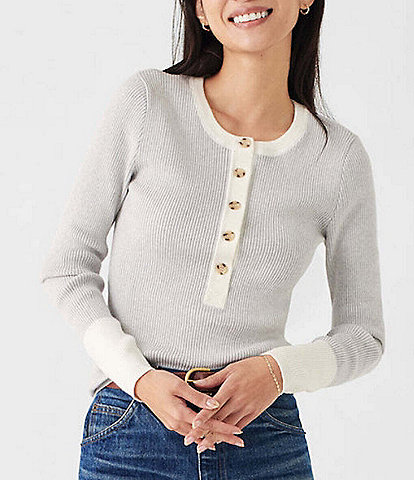 Faherty Mikki Color Block Henley Ribbed Knit Cashmere Blend Top