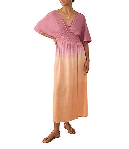 Faherty Mila Woven Organic Cotton Ombre Print V-Neck Short Sleeve Empire Waist Maxi Dress