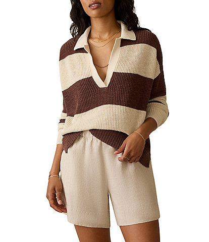 Faherty Miramar Knit Stripped V-Neck Long Sleeve Rugby Polo