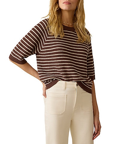 Faherty Miramar Organic Cotton Linen Blend Knit Stripped Crew Neck Short Sleeve Tee