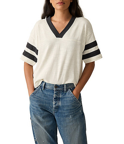 Faherty Organic Cotton Slub Varsity Knit Stripped V-Neck Short Sleeve Tee