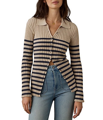 Faherty Ribbed Knit Spread Collar Long Sleeve Cardigan
