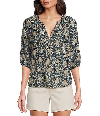 Faherty Seacliff Print Organic Cotton Shirring Split V-Neckline 3/4 Sleeve Top
