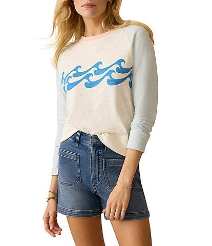Faherty Slub Knit Wave Print Crew Neck Long Sleeve Top
