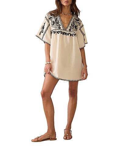 Faherty Sunday Organic Cotton Linen Blend Knit V-Neck Short Sleeve Embroidered Caftan Dress