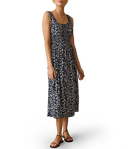Faherty Sunseeker Knit Vintage Floral Scoop Neck Sleeveless Empire Waist Midi Dress