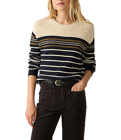 Faherty Throwback Crew Neck Stripe Sleeve Cashmere Blend Sweater