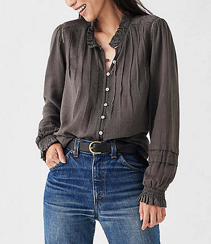 Faherty Willa Ruffled Mock Neck Long Sleeve Picot Trim Agoya Button Front Blouse