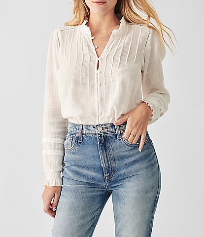 Faherty Willa Ruffled Mock Neck Long Sleeve Picot Trim Agoya Button Front Blouse