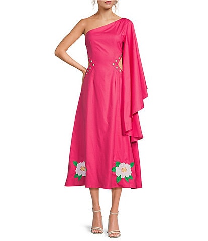 Fanm Mon Amarya One-Shoulder Bell Sleeve Side Cut Out Floral Embroidered Midi Dress