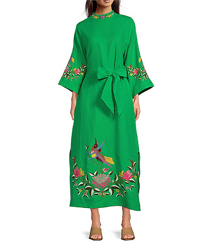 Fanm Mon Asia 3/4 Sleeves Mock Neck Floral Embroidery Linen Belted Side Slit Caftan Maxi Dress