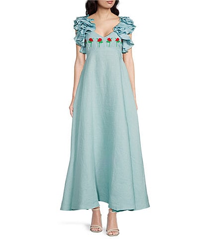 Fanm Mon Demre Ruffle Sleeve Rose Embroidery Linen V-Neck Empire Waist Maxi Dress