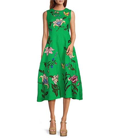 Fanm Mon Gloriosa Floral Embroidered Linen Sleeveless Belted A-Line Midi Dress