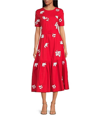 Fanm Mon Nursel Embroidered Crew Neck Short Sleeve A-Line Midi Dress