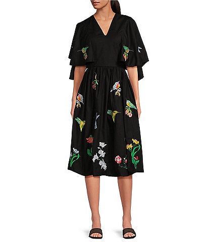 Fanm Mon Swazo V-Neck Bell Sleeve Cotton Embroidered Midi Dress