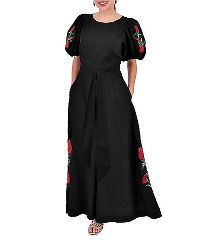 Fanm Mon Tiffany Woven Rose Embroidered Crew Neck Short Balloon Sleeve Belted Wide Flounce Leg Jumpsuit